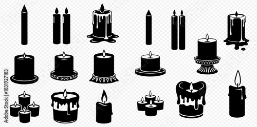 Set of various black silhouettes of burning candles, decorative wax candles, and tea lights.