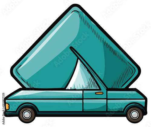 Teal Car with Open Convertible Top Showing Tent Inside Cartoon Style