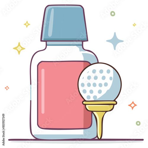 Humorous golf mouthwash vector illustration depicting oral hygiene and sports humor with vibrant colors and whimsical style