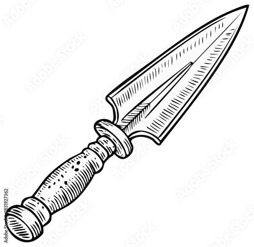 Hand Drawn Ancient Dagger Illustration -  Vintage Style with Decorative Handle and Sharp Triangular Blade