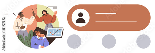 Diverse team celebrates with high-fives and discussions over graphs as profile card complements progress. Ideal for teamwork, achievement, leadership, networking, innovation, growth, simple flat