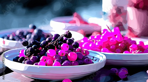 A close-up shot of grapes displayed on white plates with an artistic style.