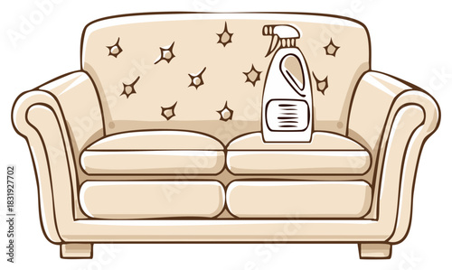 Cartoon couch with spray bottle illustration home furniture and cleaning concept.