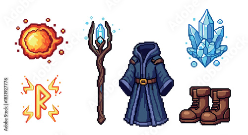 Pixel art set of fantasy RPG items including a wizard robe, magic staff, fireball, ice crystal, rune, and boots, for a video game