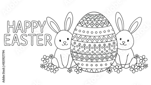 Happy easter greeting card featuring two cute cartoon bunnies sitting on either side of a large decorative easter egg surrounded by small flowers all in black and white line art for coloring