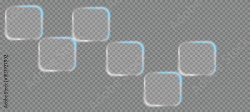 Liquid glass smartphone icon interface isolated for dark theme. White ui light frame square and circle banner with glow stroke. paper clips on blue background