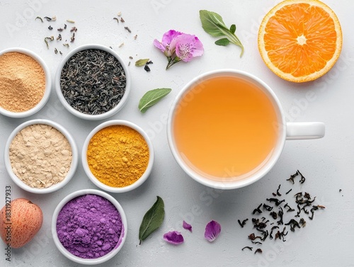 Overhead shot of herbal tea ingredients arranged with an orange slice and a cup of tea on a white surface.