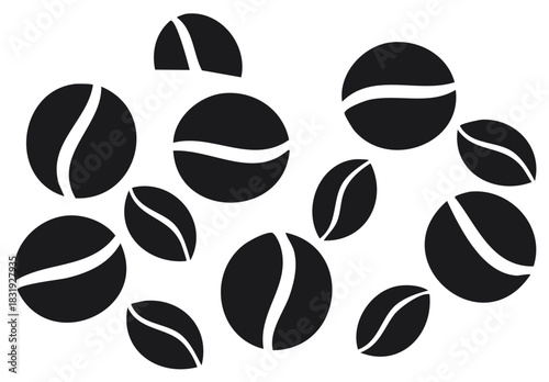 Coffee beans scattering minimal black and white style. Isolated pattern of caffeine seed shapes on white.