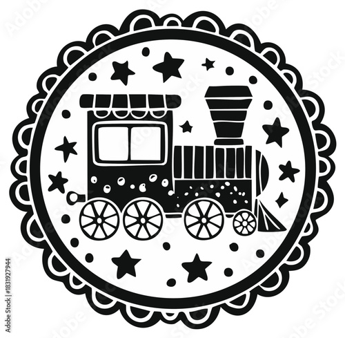 Charming hand drawn steam engine toy train inside decorative circle with stars and festive dots