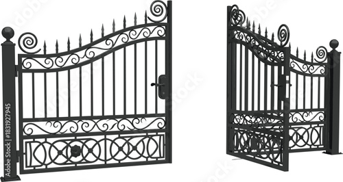 Elegant wrought iron security gate, decorative scrollwork, vertical bars, pointed finials, ornate entrance, residential fencing, architectural detail, classic metal craftsmanship