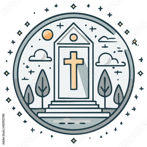 Stylized Christian Cross atop steps within a circular frame with celestial elements