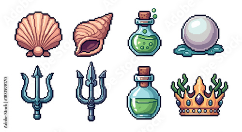 Pixel art collection of underwater fantasy items featuring a seashell, trident, pearl, crown, and magic potion, a retro 8-bit game asset set isolated on white