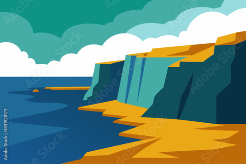 Stylized illustration of a coastal cliff landscape with ocean and clouds