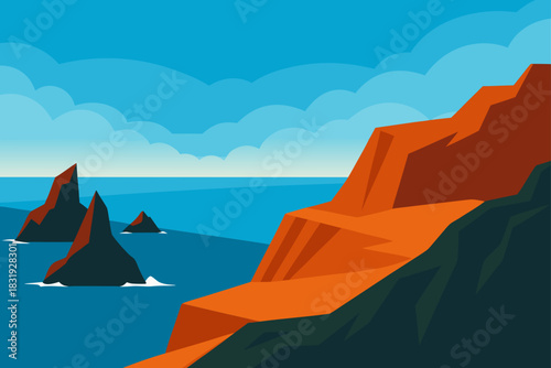 Stylized coastal landscape with orange cliffs and sea stacks