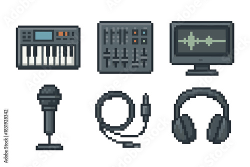 Pixel art music and audio recording icons featuring a keyboard, mixer, microphone, headphones, monitor with waveform, and cable in a retro 8-bit style isolated on white
