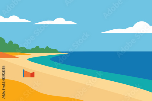 Flat design tropical beach scene with blue sky and ocean