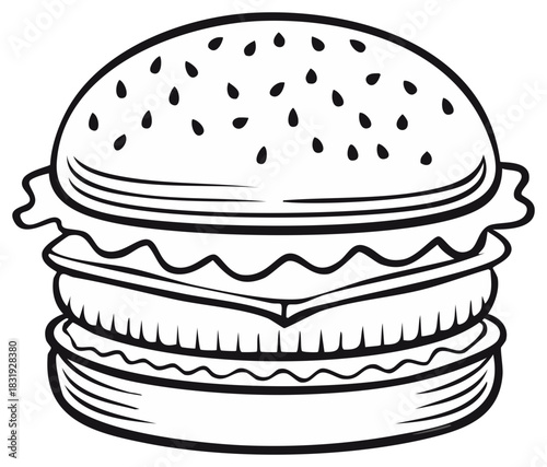 Black and white drawing of delicious double patty hamburger with lettuce