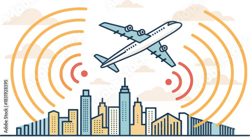 Airplane flying over city creating noise pollution