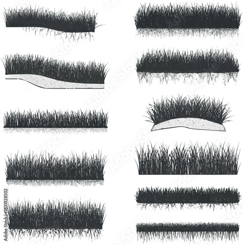 Create set of grass line cad and silhouettes isolated on white background. Ground cover. Illustration for elevation architectural element, side view, grass section. Turf coating banners for edging.