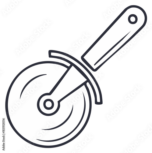 Simple line drawing of a pizza cutter with circular blade for slicing food preparation