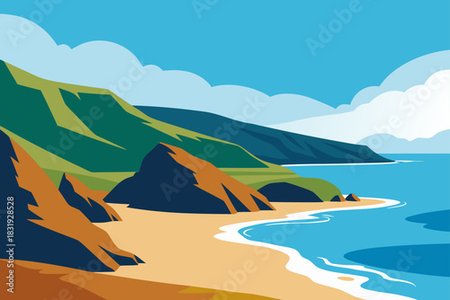 Stylized coastal landscape with rolling green hills and rocky outcrops meeting the ocean