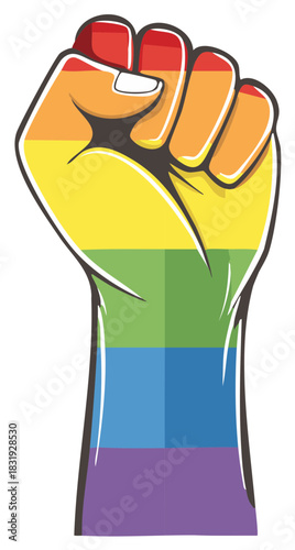 Powerful rainbow colored clenched fist representing LGBTQ+ pride, equality, and human rights