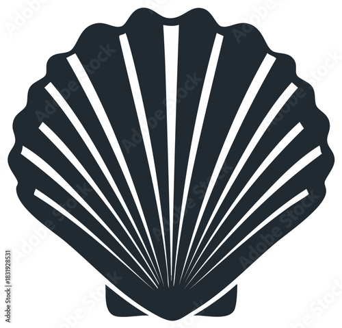 Dark Silhouette of a Stylized Scallop Seashell with Radial Lines