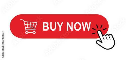 Buy now red button with click hand cursor icon 

