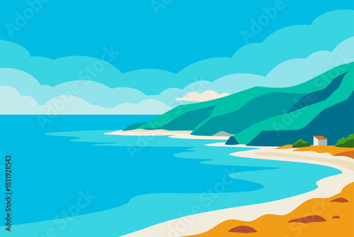 Stylized illustration of a serene coastal landscape with a sandy beach and green hills