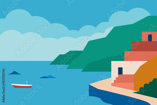 Stylized coastal landscape with houses and a boat