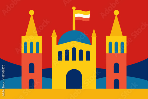 Stylized illustration of a castle with towers and a flag