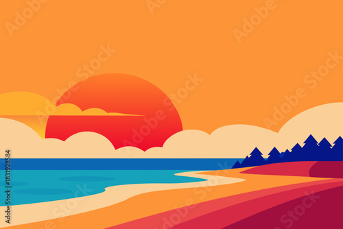Vibrant sunset over a tropical beach with silhouette trees