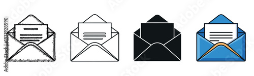 Set of open envelope with letter icons in various styles including doodle, line art, silhouette, and color, representing mail and communication,
