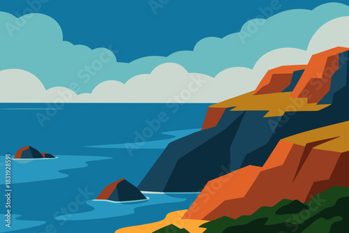 Stylized illustration of rugged coastal cliffs meeting the ocean under a cloudy sky