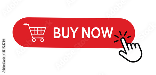Buy now red button with click hand cursor icon 
