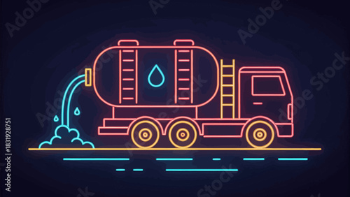 Tanker truck chemical spill on the road leaking neon liquid