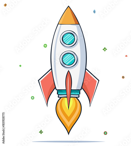 Cartoon Space Rocket Startup Launching into Orbit with Flame and Stars