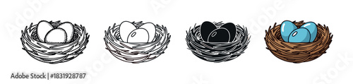 Bird nest with eggs icon set in four different graphic styles including line art, silhouette, and full color cartoon vector illustration