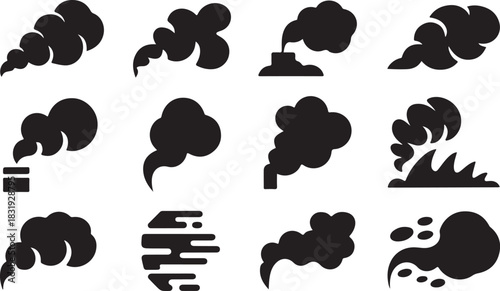 Assortment of Black Icons Illustrating Smoke Plumes and Industrial Emissions pollution industry