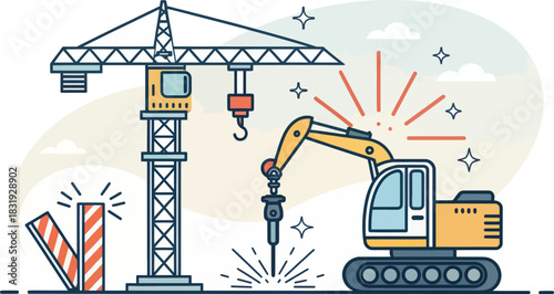 Construction site with jackhammer and crane creating noise