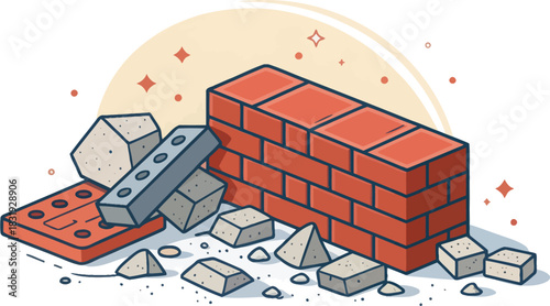 Close up view of construction debris showing broken bricks and concrete waste