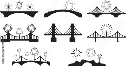 Assortment of bridge and firework silhouette icons for festive cityscapes Keywords: bridge, bridges, structure, architecture, firework, fireworks, explosion, celebration, event, festival, holiday