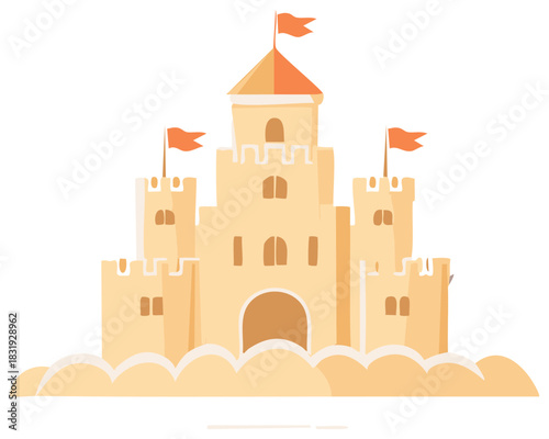 Sandy Beach Castle Illustration with Towers and Flags - Summer Vacation Theme