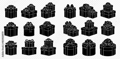 Set of various black gift boxes with bows and ribbons, isolated on a transparent background, perfect for celebrations and holidays.