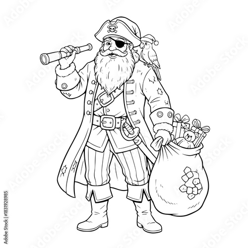 Santa Claus Pirate Outline Vector. Isolated Christmas Adventure Coloring Page Graphic.