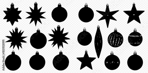 Set of black silhouette Christmas tree decorations, including stars and baubles, on a transparent background.