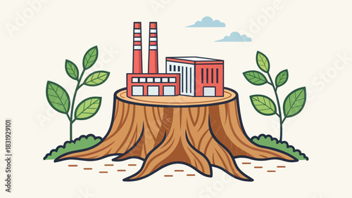 Deforestation Impact Depicted as a Tree Stump Transformed into Factory