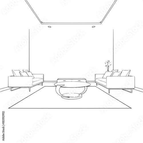 Architectural rendering in line-art style of a modern interior space with sleek low-profile furniture, a curved coffee table centerpiece featuring a metallic base and glass top, a textured rug with a 