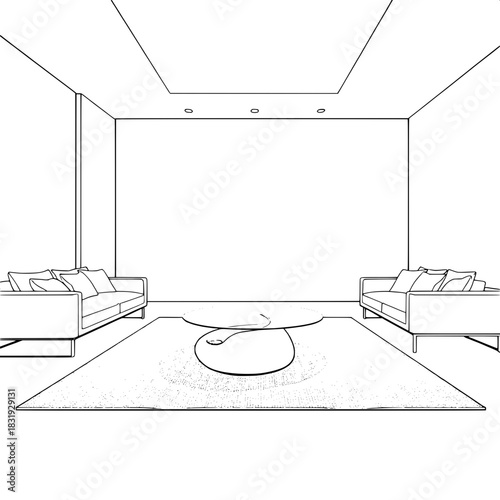 Architectural rendering in line-art style of a modern interior space with sleek low-profile furniture, a curved coffee table centerpiece featuring a metallic base and glass top, a textured rug with a 