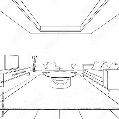 Architectural rendering in line-art style of a modern interior space with sleek low-profile furniture, a curved coffee table centerpiece featuring a metallic base and glass top, a textured rug with a 